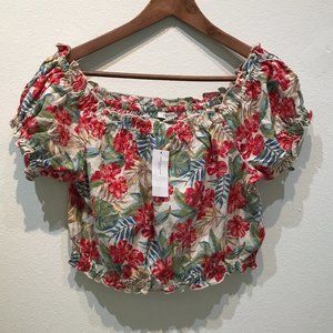 AMERICAN EAGLE Red/tan/green Floral Off The Shoulder Crop Top (S)
